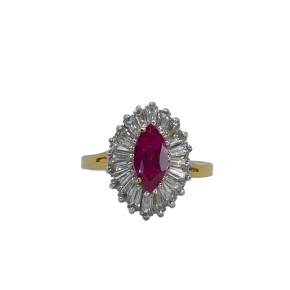 Vintage 18K GE Marquise Baguette Halo Ring Vivid Pink & Clear Stones Size 9 - Picture 5 of 8